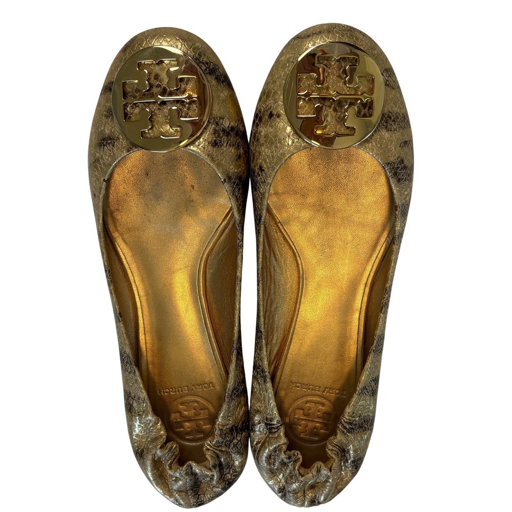 Tory Burch Reva Ballet Flats Gold Snakeskin Women 9.5 Metallic Logo Medallion